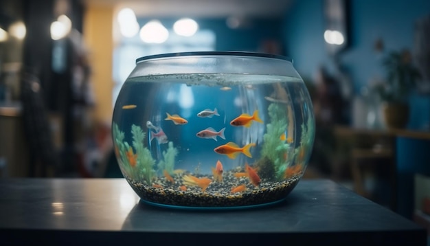 Un bol de poisson est posé sur une table devant un mur bleu.