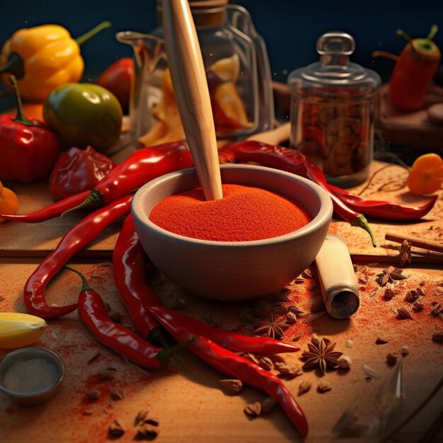 un bol de poivrons rouges et un bol de poivre sur une table.