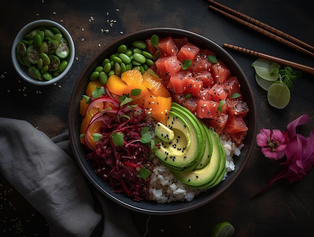 Un bol de poke bowl au saumon avec avocat, avocat et autres ingrédients