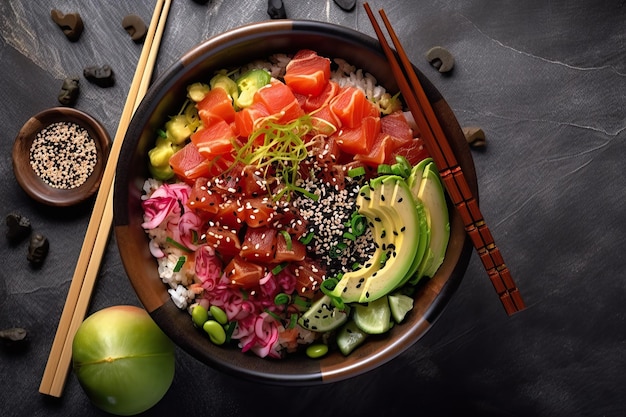 Un bol de poke bowl avec avocat, avocat et avocat.