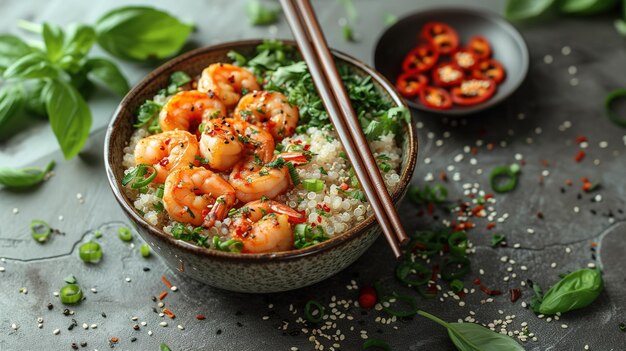 Un bol de poke hawaïen avec des crevettes, du quinoa, des concombres d'avocat et des légumes verts sur un fond en béton foncé