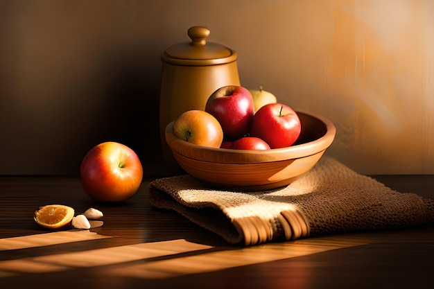 Photo un bol de pommes est posé sur une table avec un bol de noix.