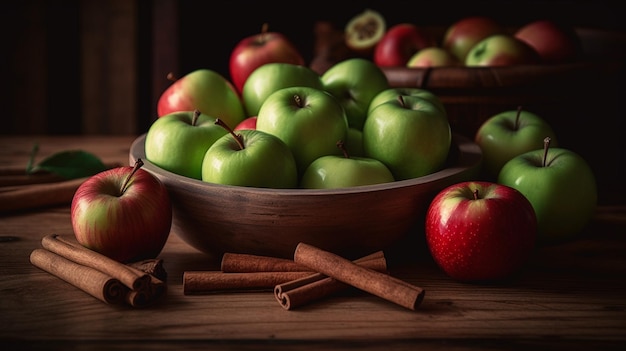 Bol de pommes fraîches et de bâtons de cannelle sur table en bois rustique ai générative