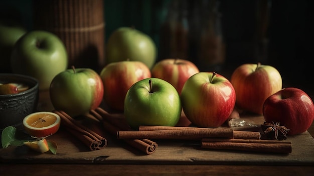 Bol de pommes fraîches et de bâtons de cannelle sur table en bois rustique ai générative