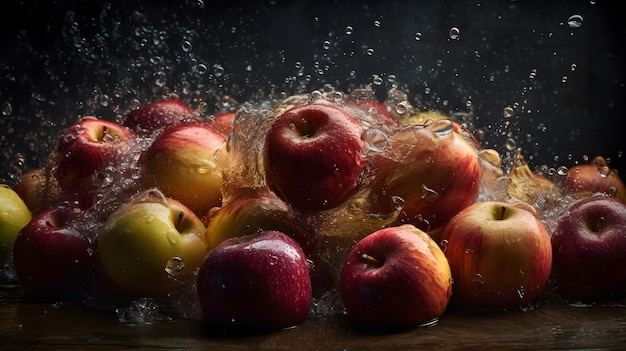 Un bol de pommes avec des gouttelettes d'eau dessus