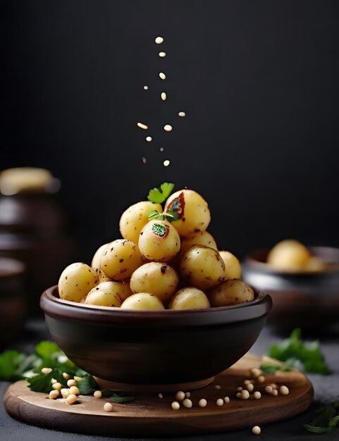 un bol de pommes de terre avec un fond noir avec une feuille verte sur le dessus