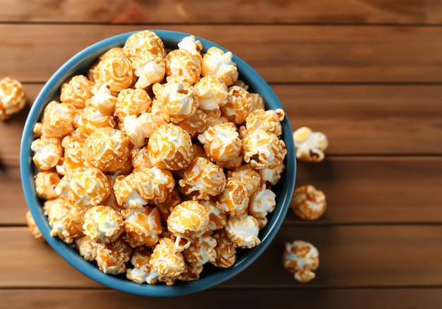 Un bol de pop-corn au caramel sur une table en bois.