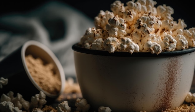 Un bol de pop-corn avec un bol de bâtons de cannelle en arrière-plan