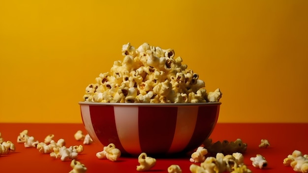 Un bol de pop-corn avec un dessus rayé rouge et blanc.