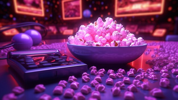 Un bol de pop-corn est assis à côté d'un clavier avec un ordinateur portable en arrière-plan.