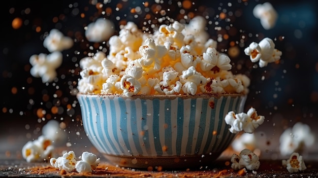 Un bol de pop-corn rayé sur un vieux fond en bois Le pop-corns tombe dans une boîte rayée