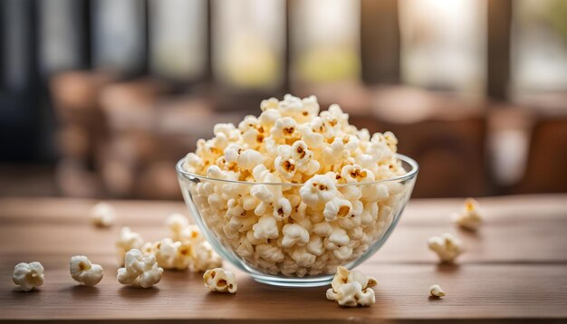 un bol de pop-corn sur une table en bois avec un fond flou