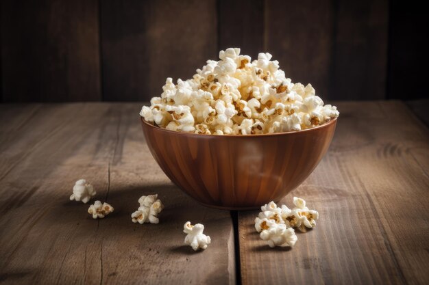 Un bol de pop-corn sur une table en bois