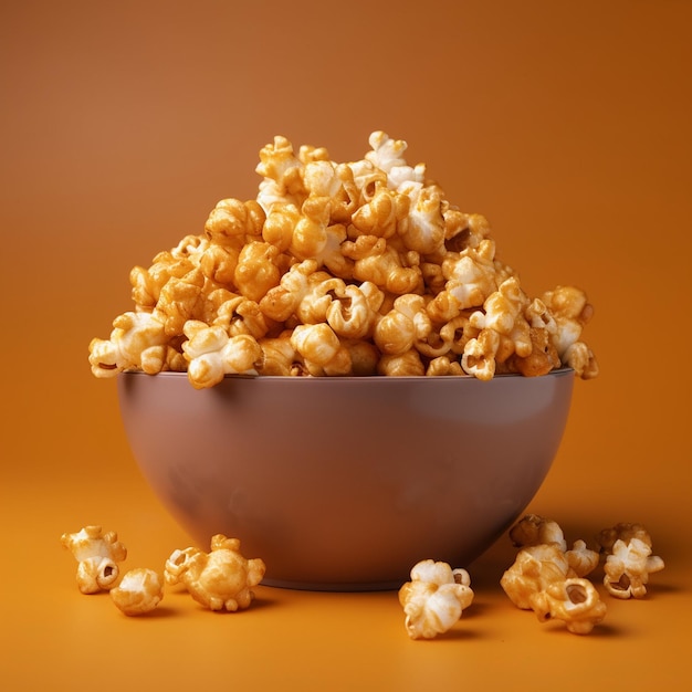 un bol de pop-corn sur une table avec un fond brun.