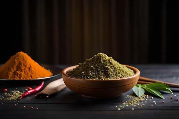 Un bol de poudre de curcuma est posé sur une table en bois.