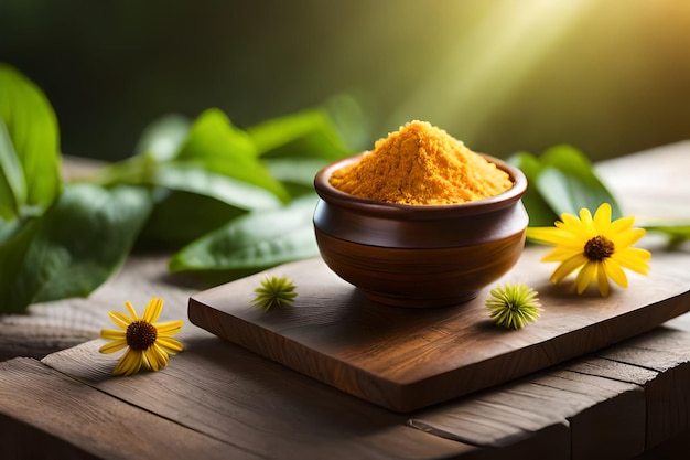 Un bol de poudre de curcuma est posé sur une table en bois.