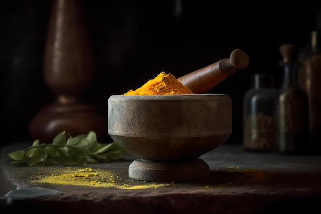 Un bol de poudre de curcuma repose sur une surface en pierre.