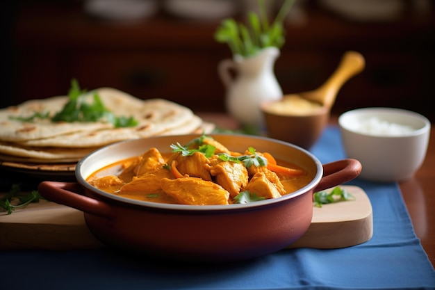 Un bol de poulet au beurre à côté d'une pile de chapatis frais