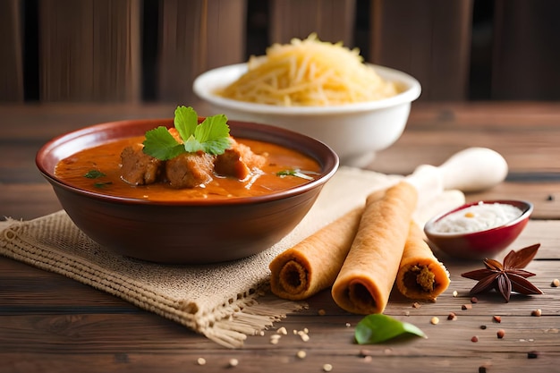 Un bol de poulet au curry avec un bol de chutney au safran sur une table en bois.