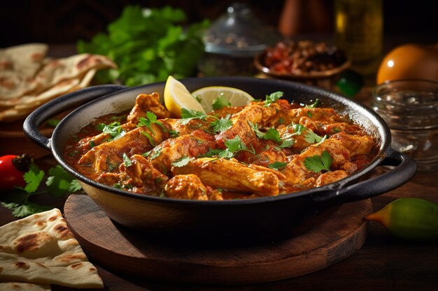 Un bol de poulet au curry avec un côté de pain naan sur une table en bois.