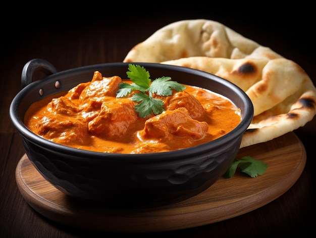 Un bol de poulet au curry avec du pain naan sur une table en bois.