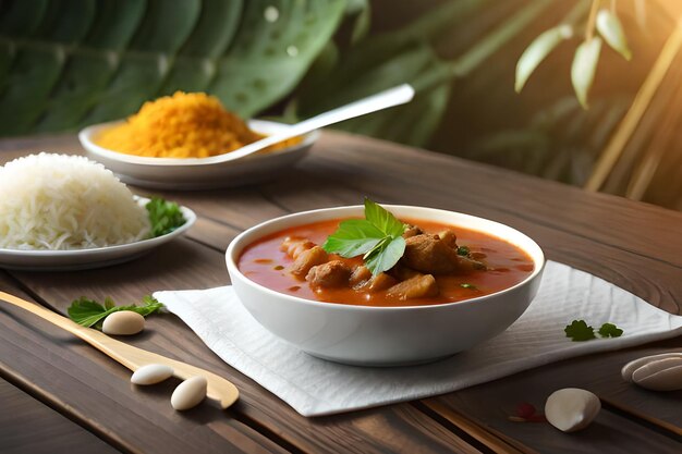 Un bol de poulet au curry avec du riz sur une table