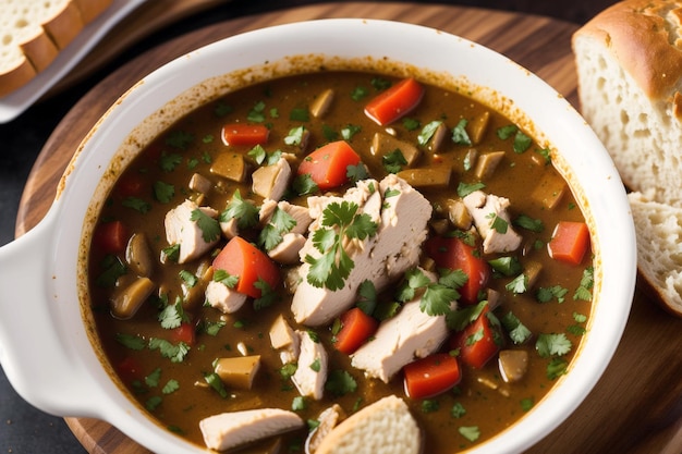 Un bol de poulet au curry avec un morceau de pain sur le côté