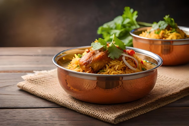 Un bol de poulet biryani avec une garniture verte sur le côté