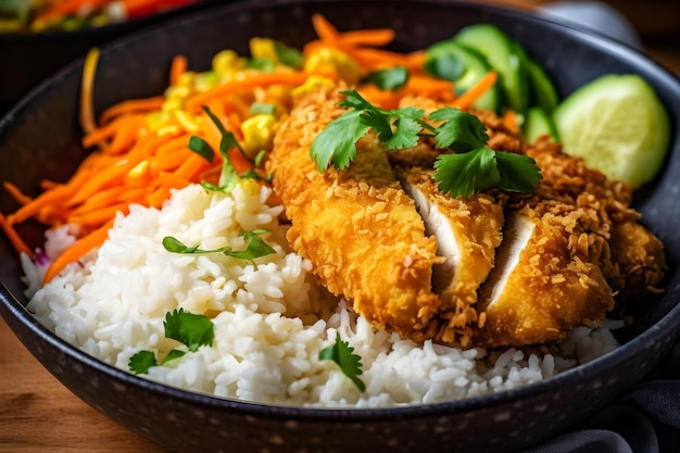 Un bol de poulet frit avec du riz et des légumes