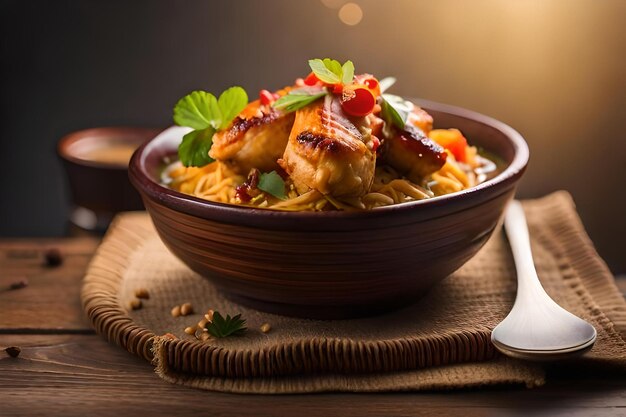 Un bol de poulet avec des légumes et des épices sur une table en bois