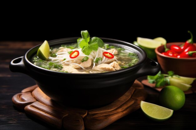 Photo un bol de poulet pho sur une table en ardoise sombre