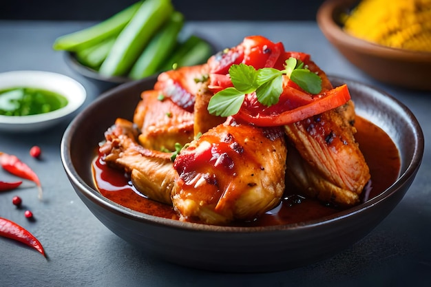 Un bol de poulet avec une sauce rouge