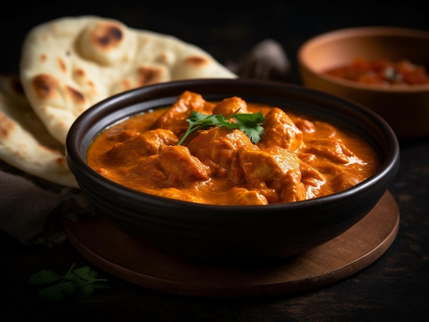 Un bol de poulet tikka masala avec du pain naan sur le côté