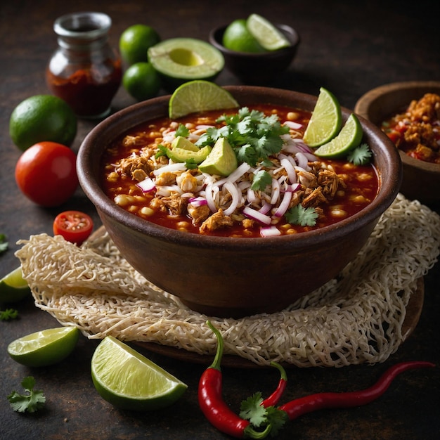 Un bol de pozole est assis sur une table rustique entouré d'ingrédients frais tels que des tomates à la citrine d'avocat