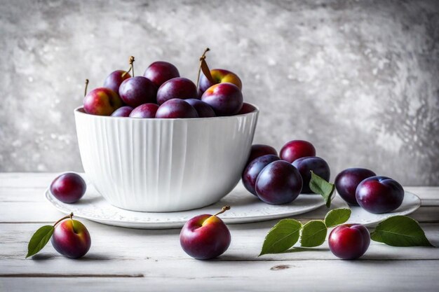 Photo un bol de prunes est assis sur une table avec un bol blanc avec une feuille verte