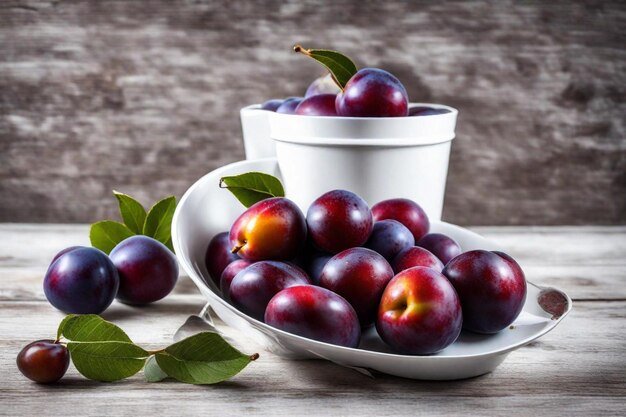 un bol de prunes avec des feuilles et un bol de fruits