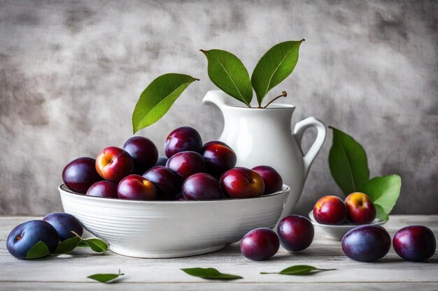 Photo un bol de prunes avec des feuilles et un bol de fruits