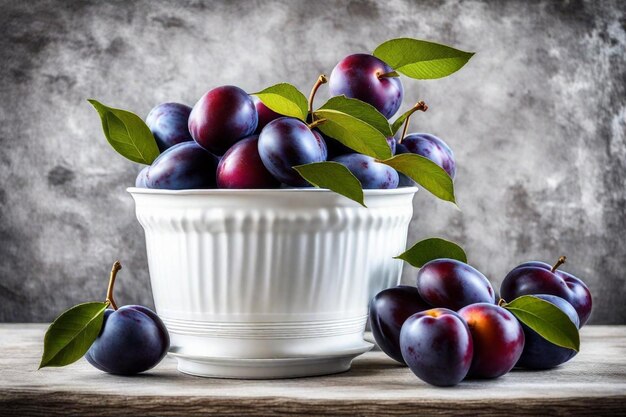 Photo un bol de prunes avec des feuilles sur une table et l'un d'eux a une photo d'eux