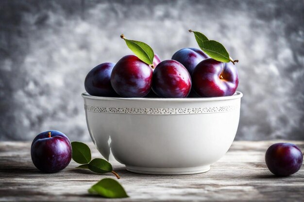 un bol de prunes avec des feuilles sur une table