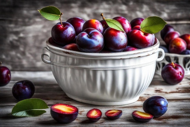 un bol de prunes avec des feuilles sur une table