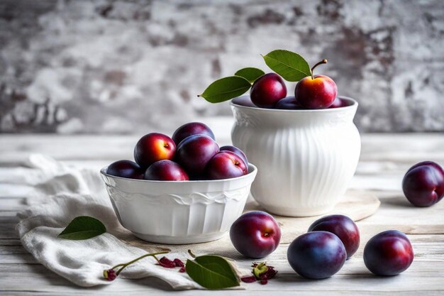 Photo un bol de prunes avec des feuilles sur une table