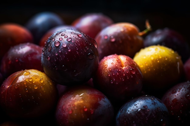 Un bol de prunes avec des gouttelettes d'eau dessus