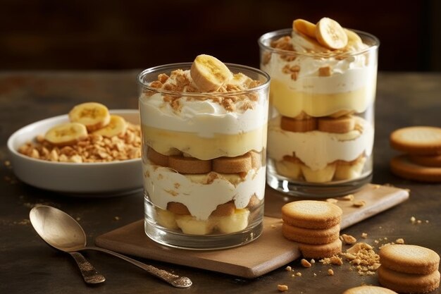 Un bol de pudding à la banane avec un bol de biscuits sur la table.