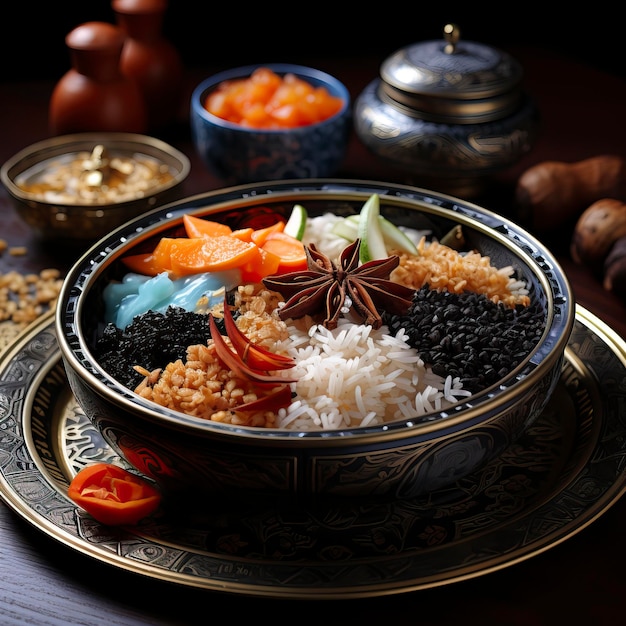 Un bol de pulao indien traditionnel avec des légumes et des épices