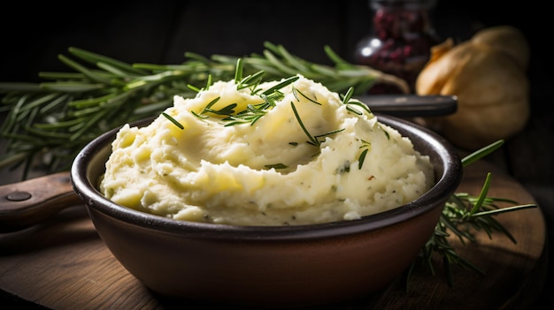 Un bol de purée de pommes de terre avec une brindille de romarin