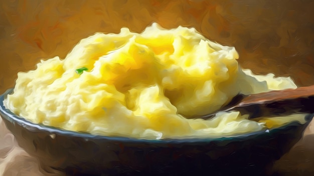 Un bol de purée de pommes de terre avec une cuillère.