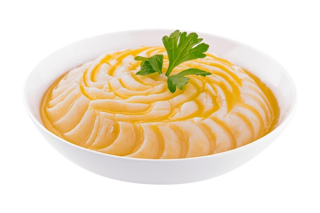 Bol avec purée de pommes de terre sur fond blanc