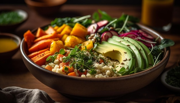 Un bol de quinoa avec un verre de bière à côté.