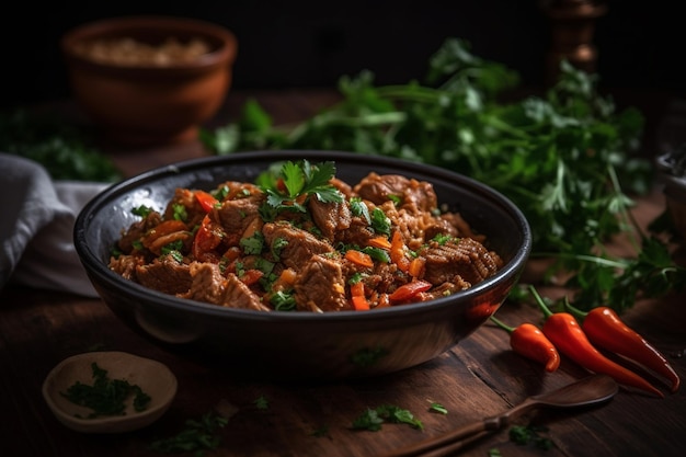 Un bol de ragoût de boeuf aux légumes sur une table