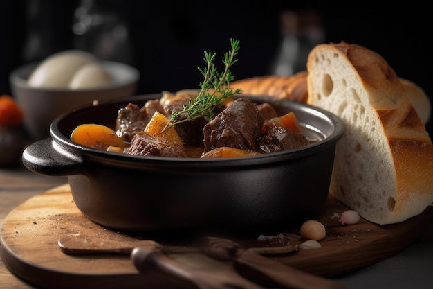 Un bol de ragoût de boeuf avec du pain et du pain sur une table en bois.